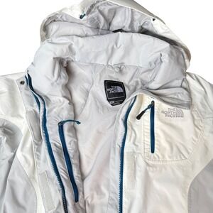 The North Face HyVent Ski Jacket Women Medium White Grey Good Hooded Shell